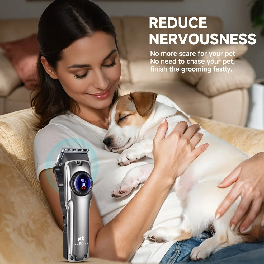 Dog Grooming Clipper for Thick Hair, Low-Noise Rechargeable Pet Trimmer with Digital Display, USB Charging, 4 Detachable Combs