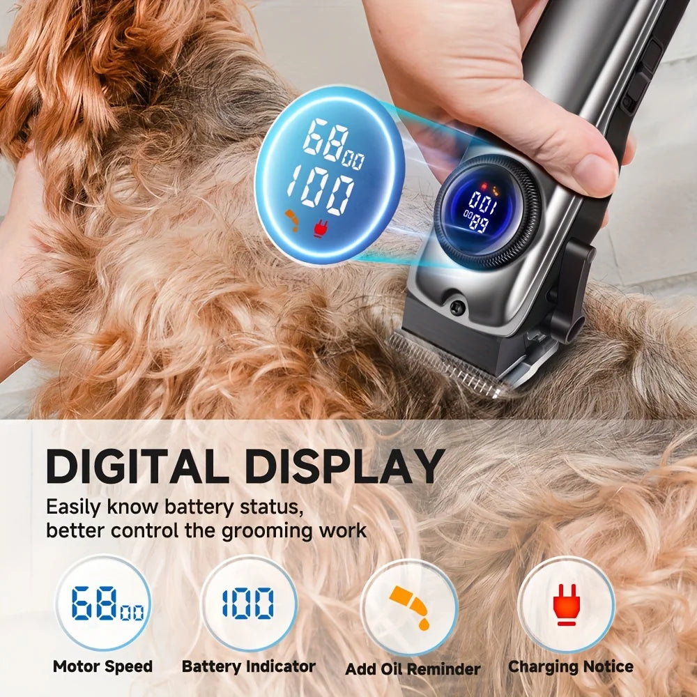 Dog Grooming Clipper for Thick Hair, Low-Noise Rechargeable Pet Trimmer with Digital Display, USB Charging, 4 Detachable Combs