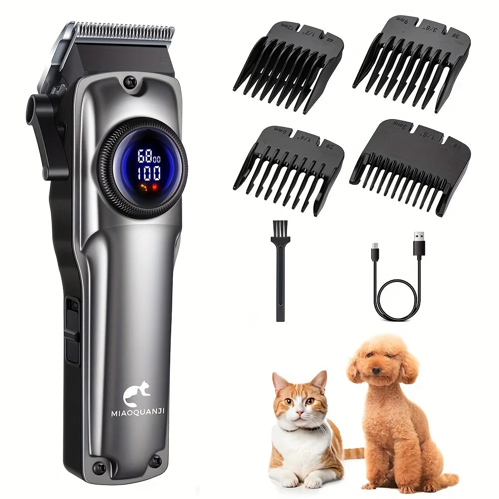 Dog Grooming Clipper for Thick Hair, Low-Noise Rechargeable Pet Trimmer with Digital Display, USB Charging, 4 Detachable Combs