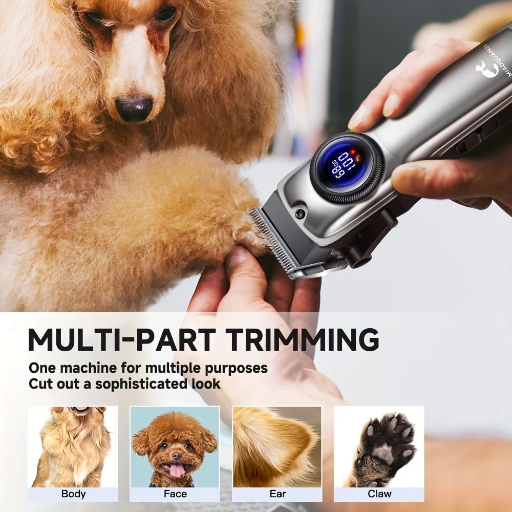 Dog Grooming Clipper for Thick Hair, Low-Noise Rechargeable Pet Trimmer with Digital Display, USB Charging, 4 Detachable Combs