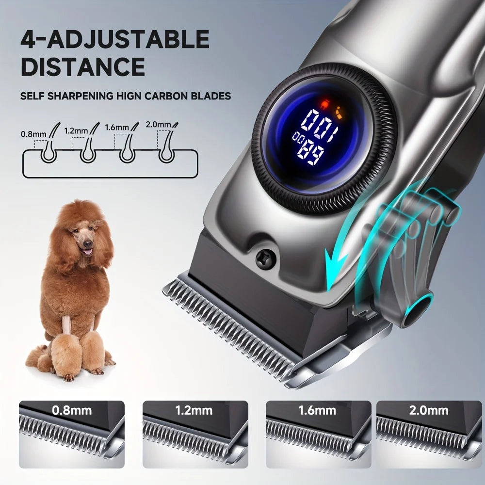 Dog Grooming Clipper for Thick Hair, Low-Noise Rechargeable Pet Trimmer with Digital Display, USB Charging, 4 Detachable Combs