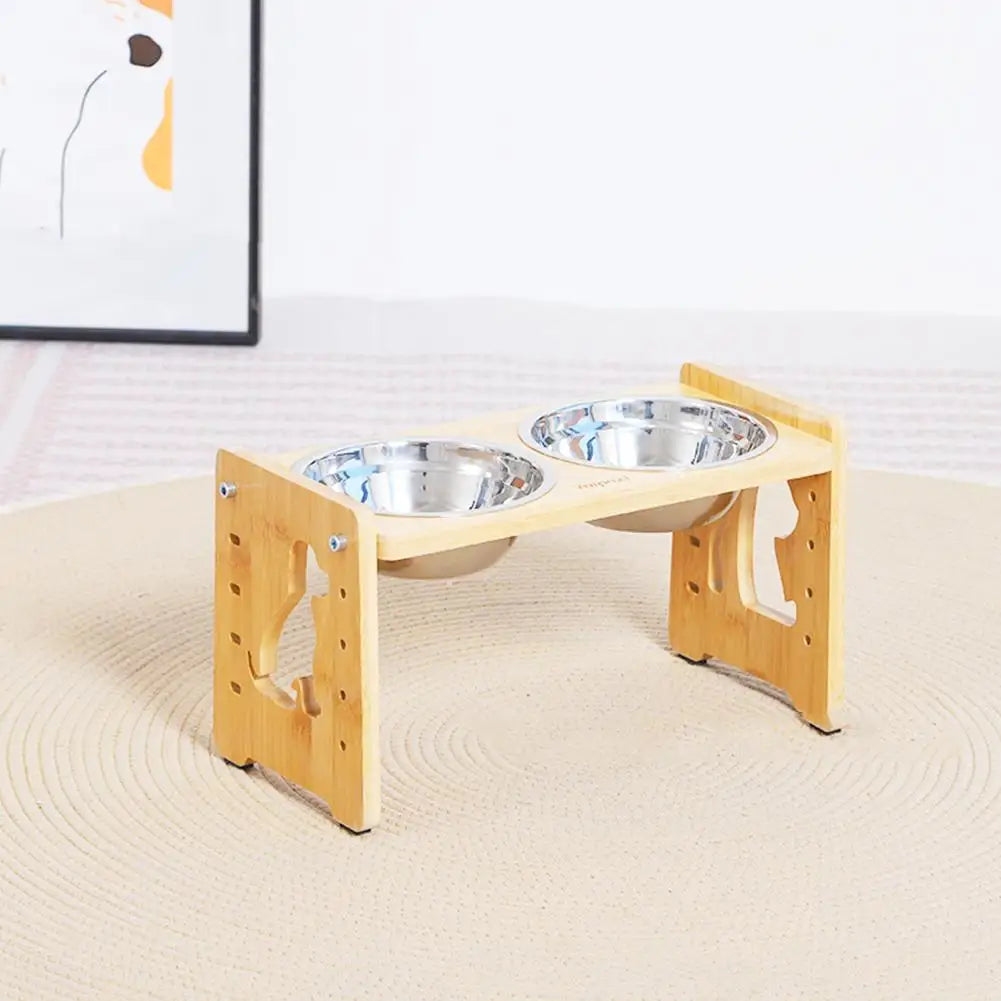 Elevated Dog Feeder Bowls Adjustable Raised Stand Wood Bowl Water Pet Cat Accessories Double Stainless Food Dog Steel D0H5