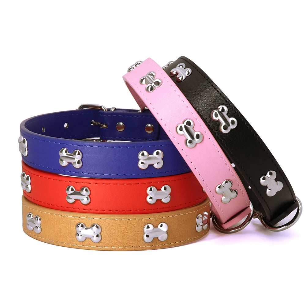 Adjustable Dog Collar Soft Leather Puppy Cat Collars Necklace Cute Bone Accessories For Small Medium Dogs Cats Chihuahua Pitbull