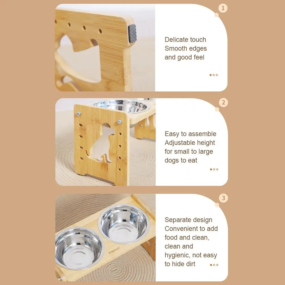 Elevated Dog Feeder Bowls Adjustable Raised Stand Wood Bowl Water Pet Cat Accessories Double Stainless Food Dog Steel D0H5