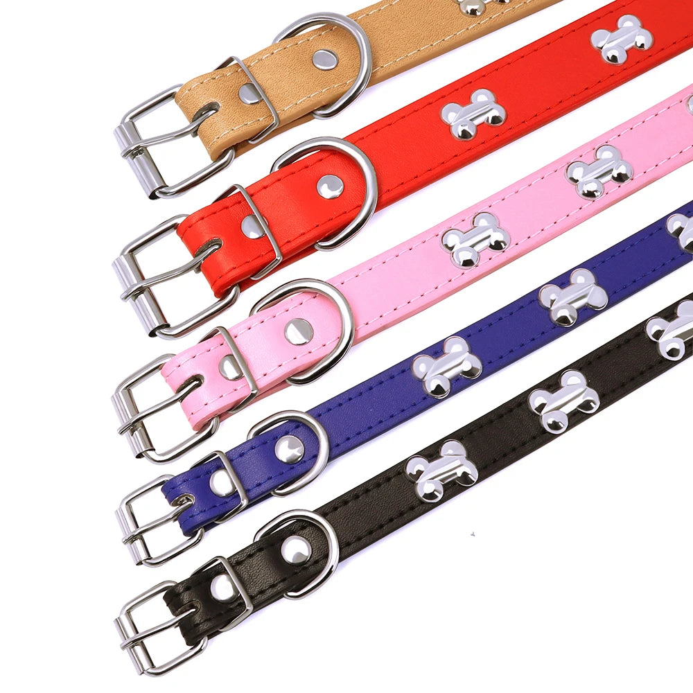Adjustable Dog Collar Soft Leather Puppy Cat Collars Necklace Cute Bone Accessories For Small Medium Dogs Cats Chihuahua Pitbull