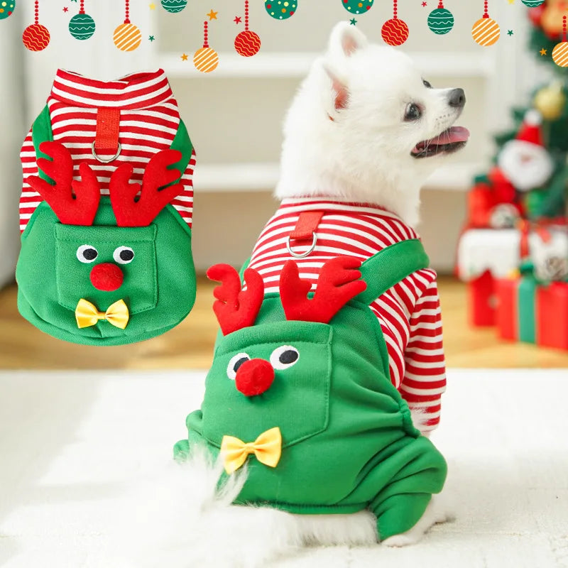 Dog Christmas Pajamas, Funny Elf Costume for Small Dogs, Soft Pet Costumes Xmas Warm Puppy Winter Clothes, Holiday Dog Supplies