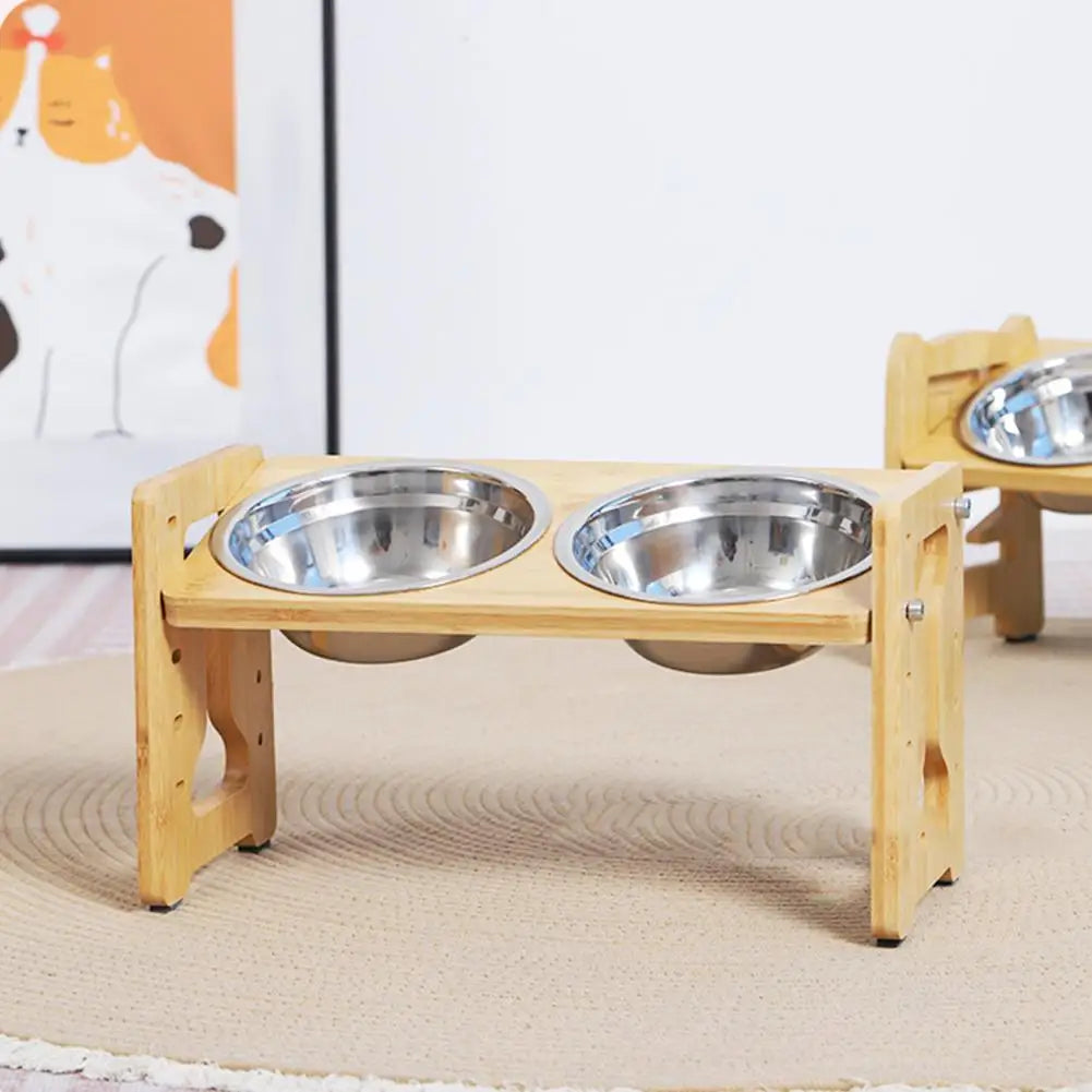 Elevated Dog Feeder Bowls Adjustable Raised Stand Wood Bowl Water Pet Cat Accessories Double Stainless Food Dog Steel D0H5