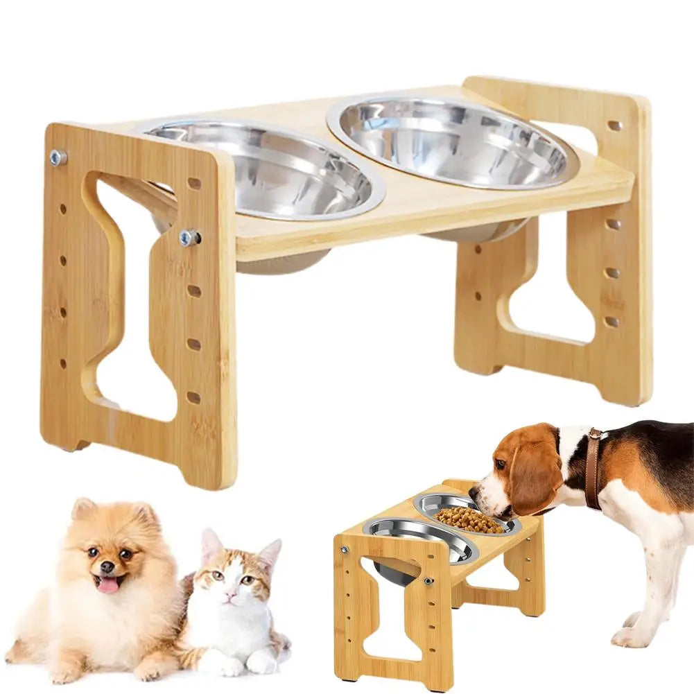 Elevated Dog Feeder Bowls Adjustable Raised Stand Wood Bowl Water Pet Cat Accessories Double Stainless Food Dog Steel D0H5
