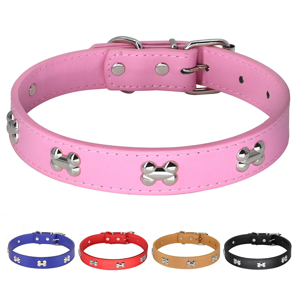 Adjustable Dog Collar Soft Leather Puppy Cat Collars Necklace Cute Bone Accessories For Small Medium Dogs Cats Chihuahua Pitbull