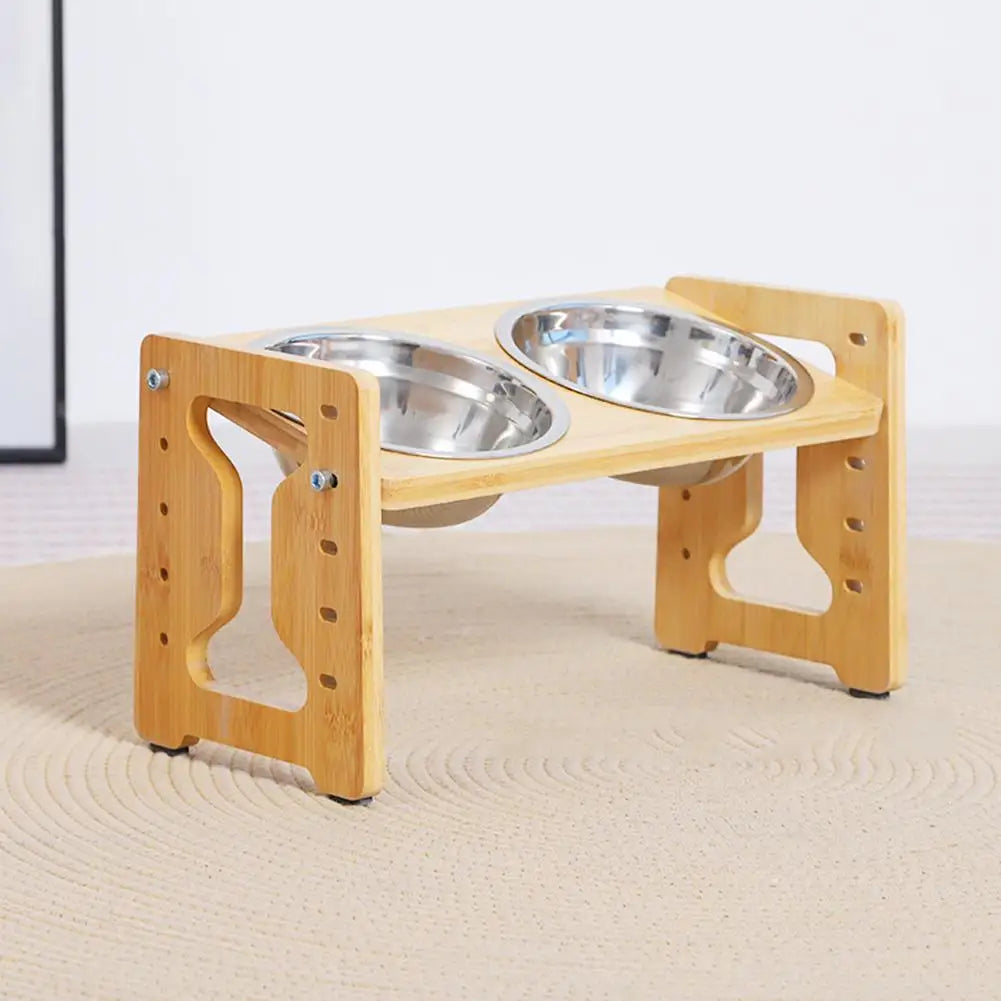 Elevated Dog Feeder Bowls Adjustable Raised Stand Wood Bowl Water Pet Cat Accessories Double Stainless Food Dog Steel D0H5