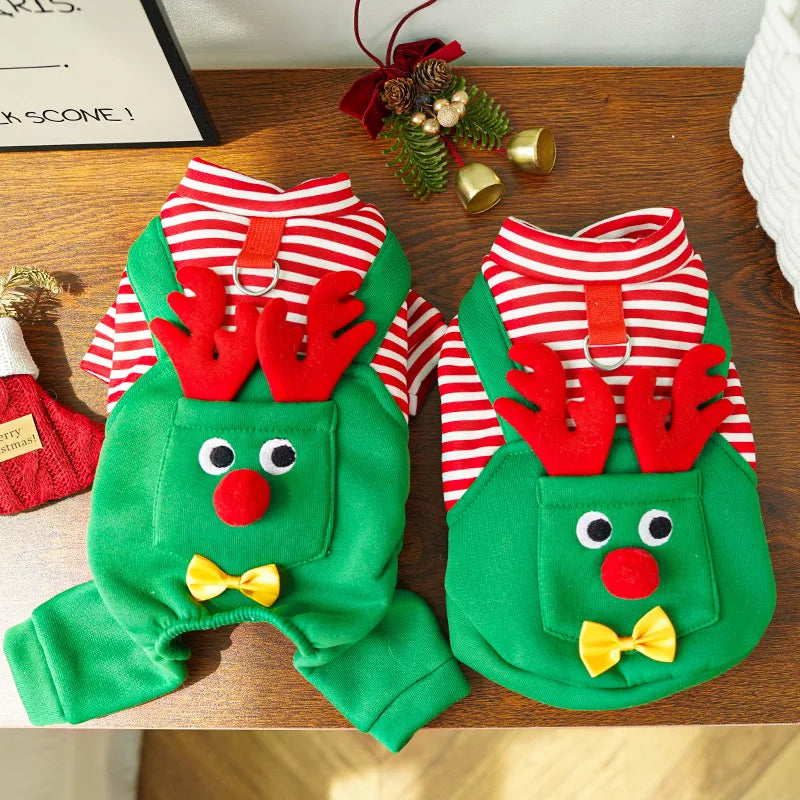 Dog Christmas Pajamas, Funny Elf Costume for Small Dogs, Soft Pet Costumes Xmas Warm Puppy Winter Clothes, Holiday Dog Supplies