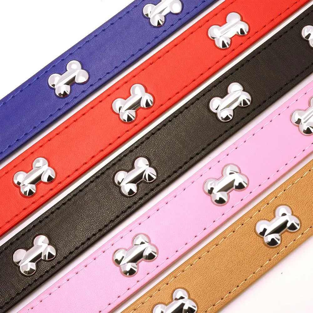 Adjustable Dog Collar Soft Leather Puppy Cat Collars Necklace Cute Bone Accessories For Small Medium Dogs Cats Chihuahua Pitbull