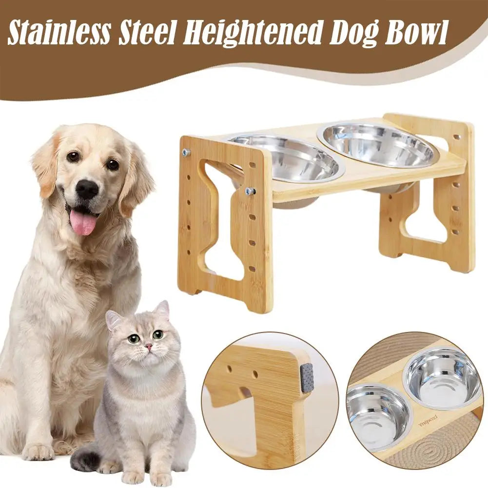 Elevated Dog Feeder Bowls Adjustable Raised Stand Wood Bowl Water Pet Cat Accessories Double Stainless Food Dog Steel D0H5