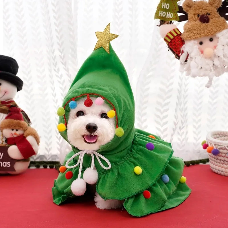 Pet Christmas Cosplay Costume For Dogs Cats Cute Christmas Tree Hooded Cape Dress Up Small Dog Knitted Coat Home Party Pet Gift