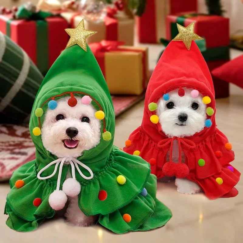 Pet Christmas Cosplay Costume For Dogs Cats Cute Christmas Tree Hooded Cape Dress Up Small Dog Knitted Coat Home Party Pet Gift