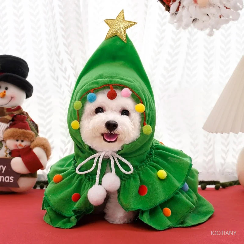 Pet Christmas Cosplay Costume For Dogs Cats Cute Christmas Tree Hooded Cape Dress Up Small Dog Knitted Coat Home Party Pet Gift