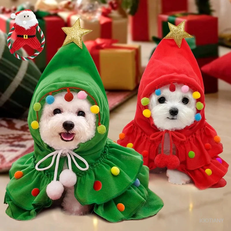 Pet Christmas Cosplay Costume For Dogs Cats Cute Christmas Tree Hooded Cape Dress Up