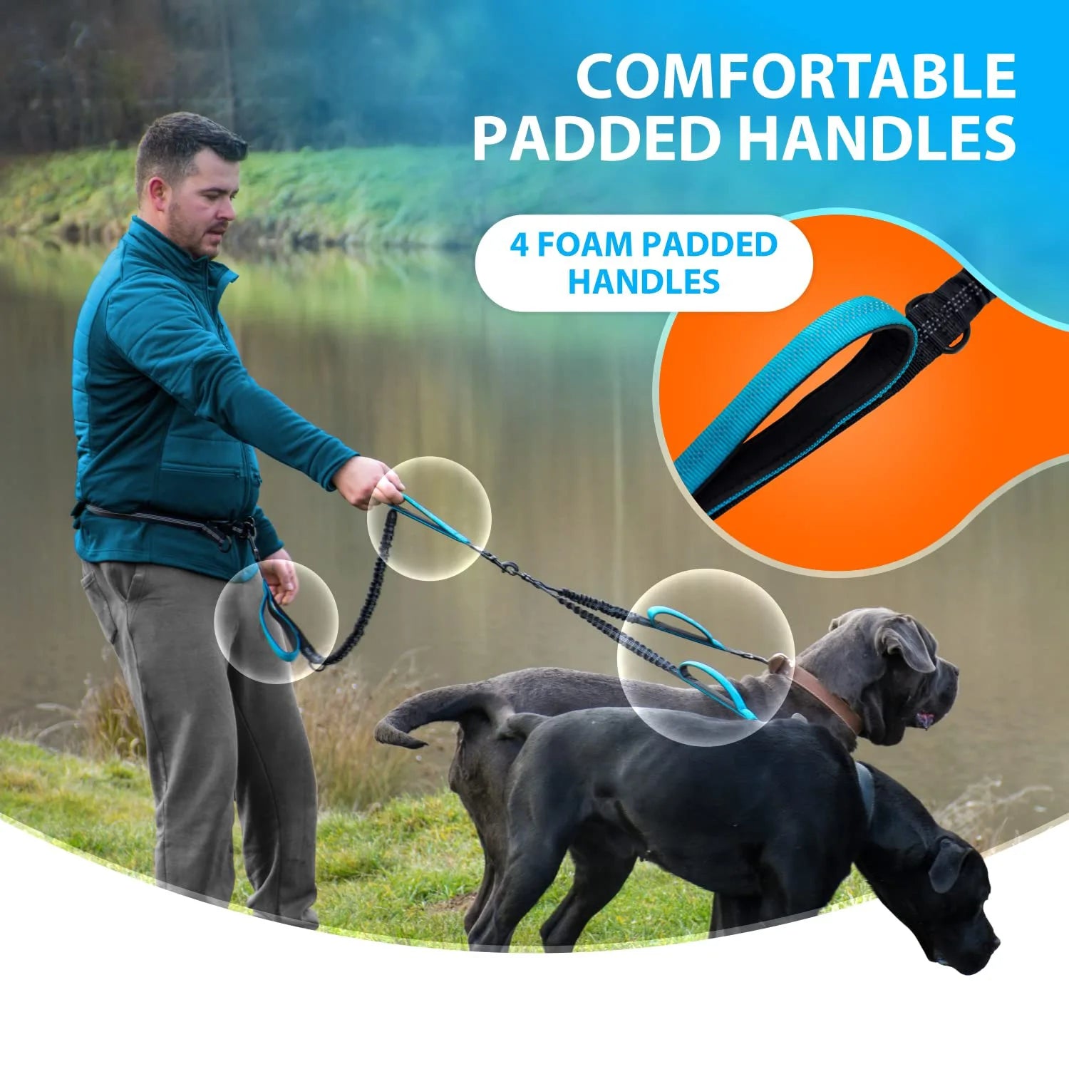 Hands Free Double Dog Leash – Dual Leash for Medium and Large Breeds – Lead for 2 Dogs with Padded Handles,Reflective Stitches