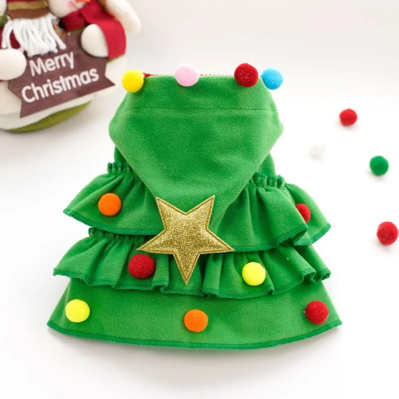 Pet Christmas Cosplay Costume For Dogs Cats Cute Christmas Tree Hooded Cape Dress Up Small Dog Knitted Coat Home Party Pet Gift