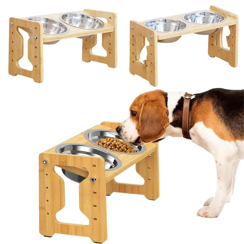 Elevated Dog Feeder Bowls Adjustable Raised Stand Wood Bowl Water Pet Cat Accessories Double Stainless Food Dog Steel D0H5