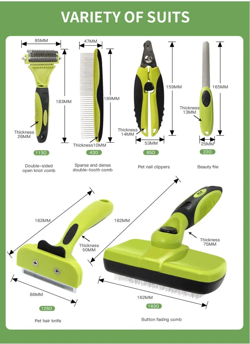 Professional Dog Brush Grooming Set for Dogs & Cats Grooming Set 6 Pieces Cat massage Brush, Dematting Brush, Undercoat Brush